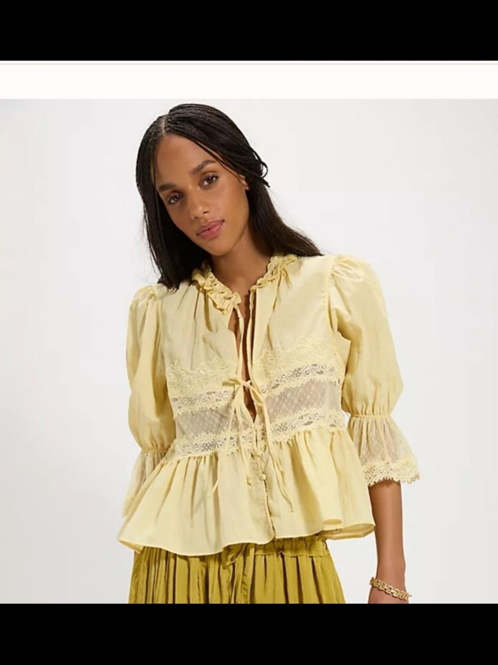 Free People Soft Yellow Lace-Trim Peplum Blouse